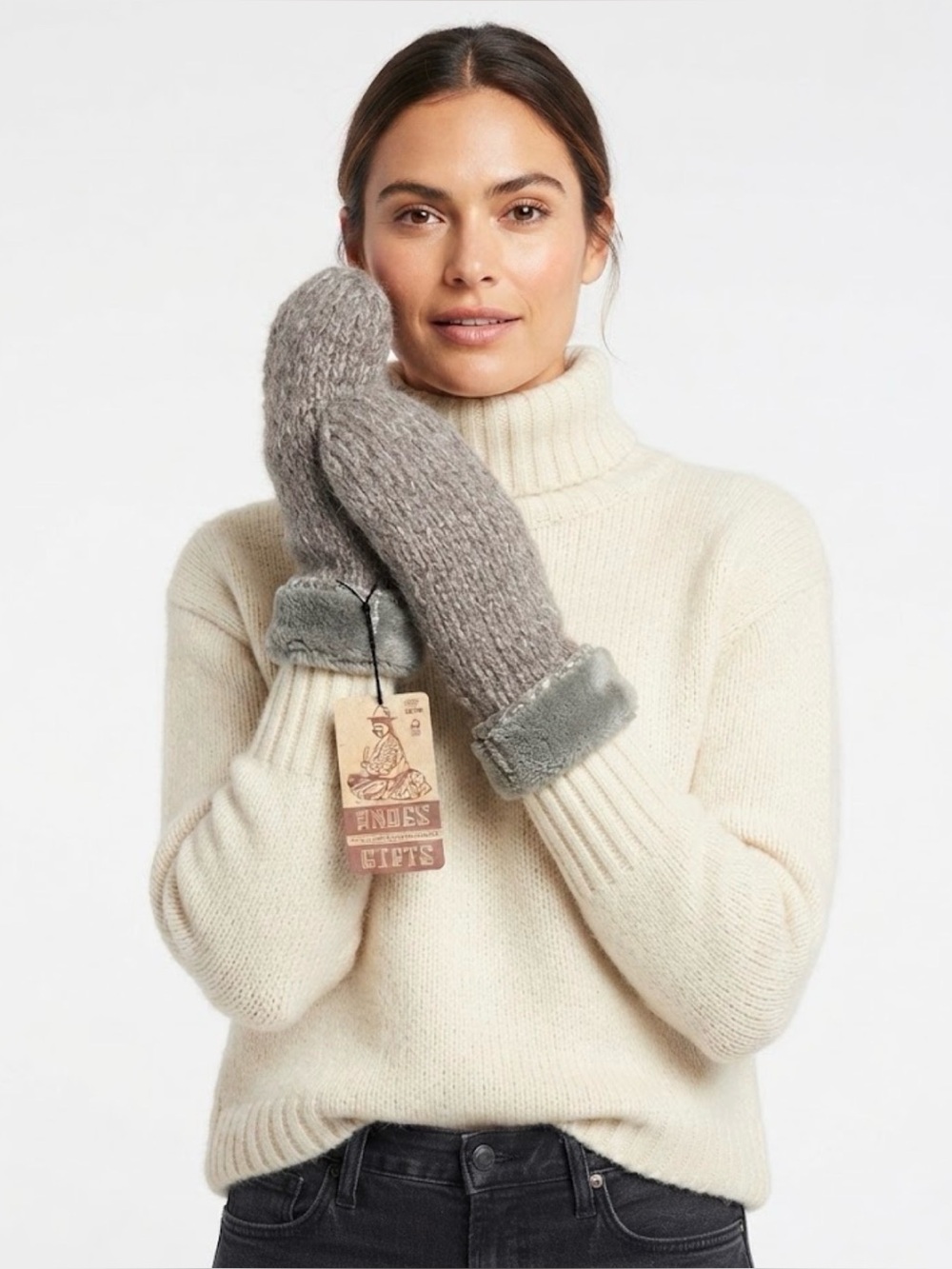 NWT Andes Gifts Hand-Knit Fleece-Lined Wool Mittens in Heather Gray, Size O/S